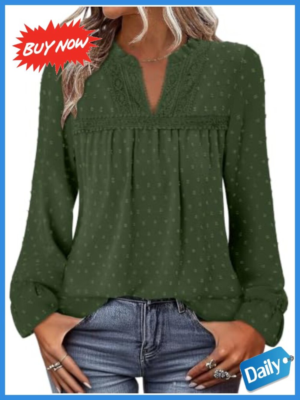 Swiss Dot Chiffon Blouse Long Sleeve V Neck Lace Pleat Flowy Tunic